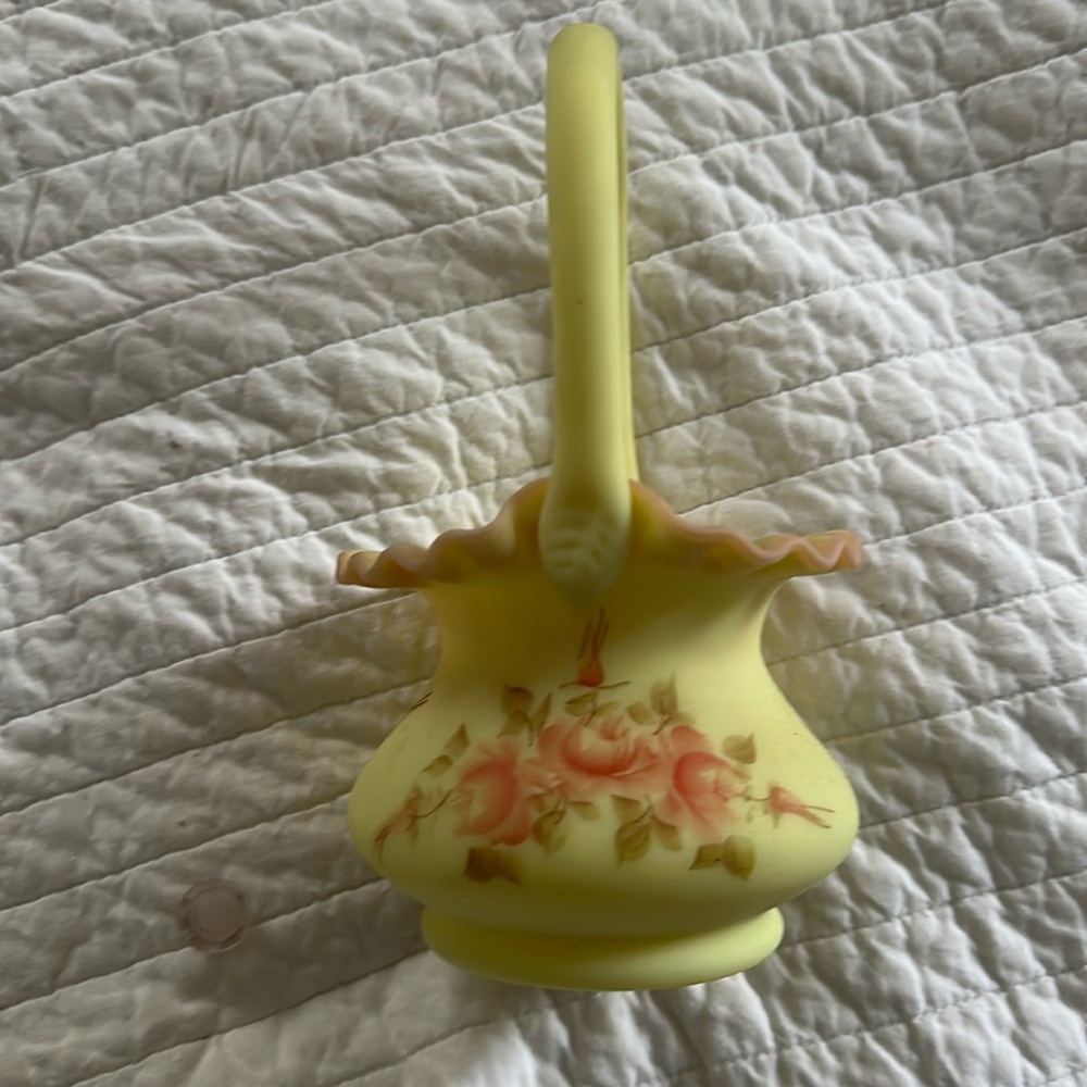 Fenton Yellow Basket with Pink Floral Design